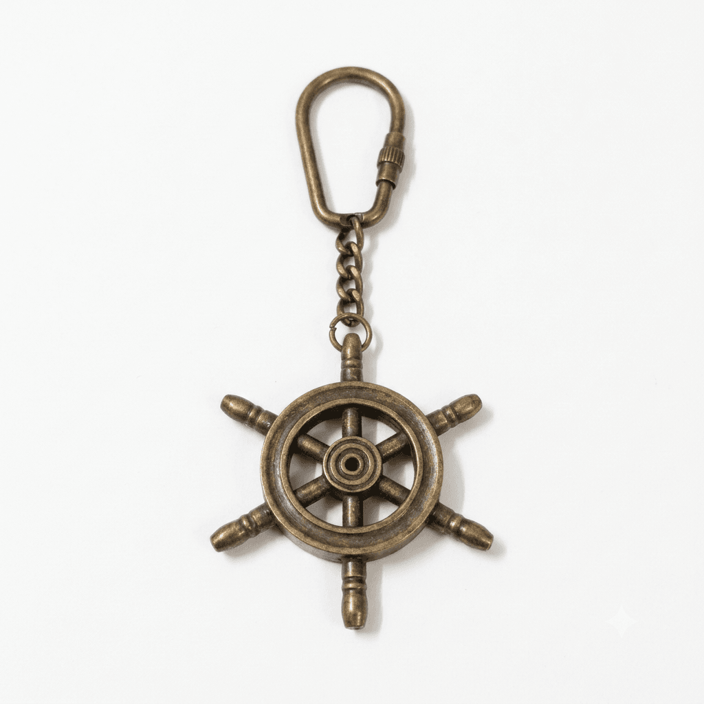 Vintage Antique Brass Ship Wheel Keychain